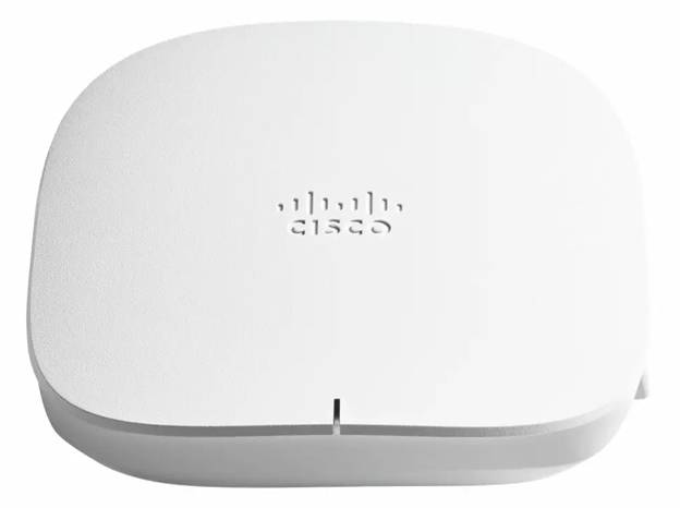 Biely bezdrôtový prístupový bod Cisco so štíhlym, zaoblenú konštrukciou, s logom Cisco na vrchu.