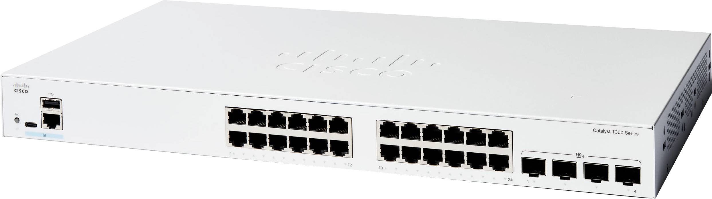Sieťový prepínač Cisco s 24 portami Ethernet a 4 portami uplink, používaný na pripájanie zariadení v sieti.