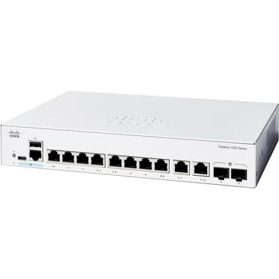 Biely sieťový prepínač Cisco Catalyst 1000 Series s 12 portami Ethernet a dvoma slotmi pre malé modulárne pripojovacie jednotky (SFP) na prednej strane.