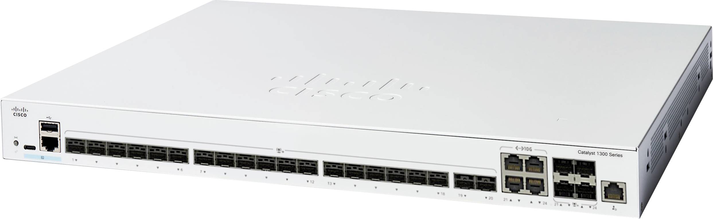 Obrázok zobrazuje sieťový prepínač Cisco Catalyst 9300 Series s viacerými ethernetovými portami na prednom paneli.