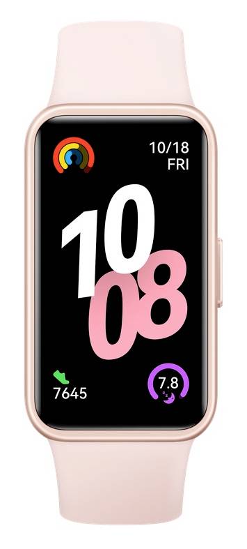 Ružové inteligentné hodinky zobrazujúce čas „10:08", dátum „10/18", deň „PIA". Zobrazujú ikony fitness s počtom krokov „7645" a skóre aktivity „7.8".