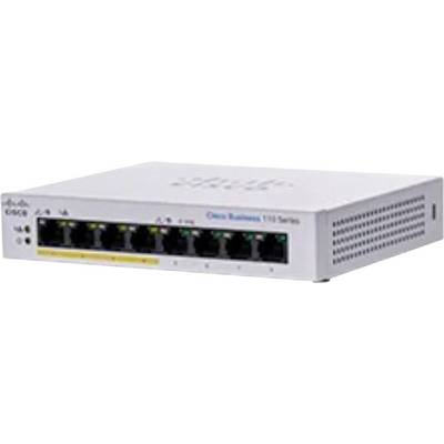 Sieťový prepínač s ôsmimi portami Ethernet, súčasť série Cisco 100, používaný na pripojenie viacerých zariadení v rámci lokálnej siete.