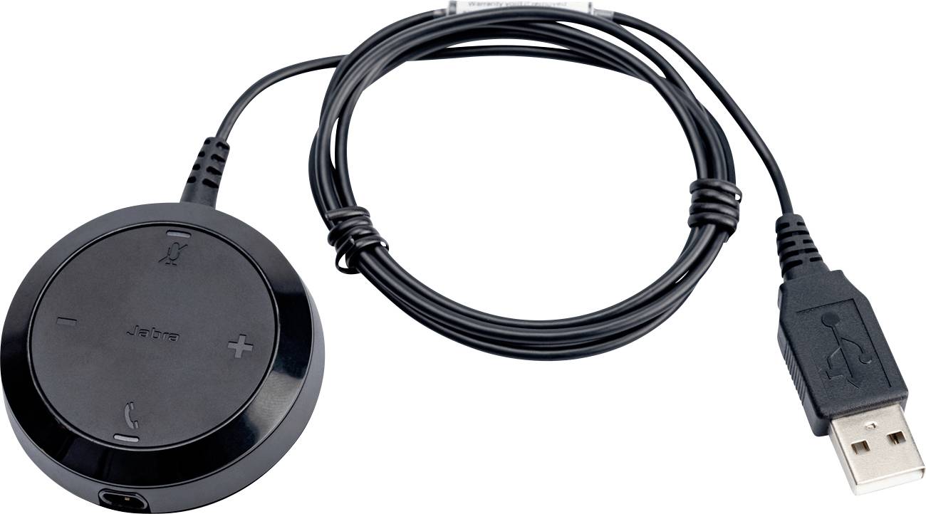 Okrúhla, čierna ovládacia jednotka s tlačidlami hlasitosti a symbolmi ovládania hovorov je pripojená cez kábel USB, používaná na správu zvuku Bluetooth.