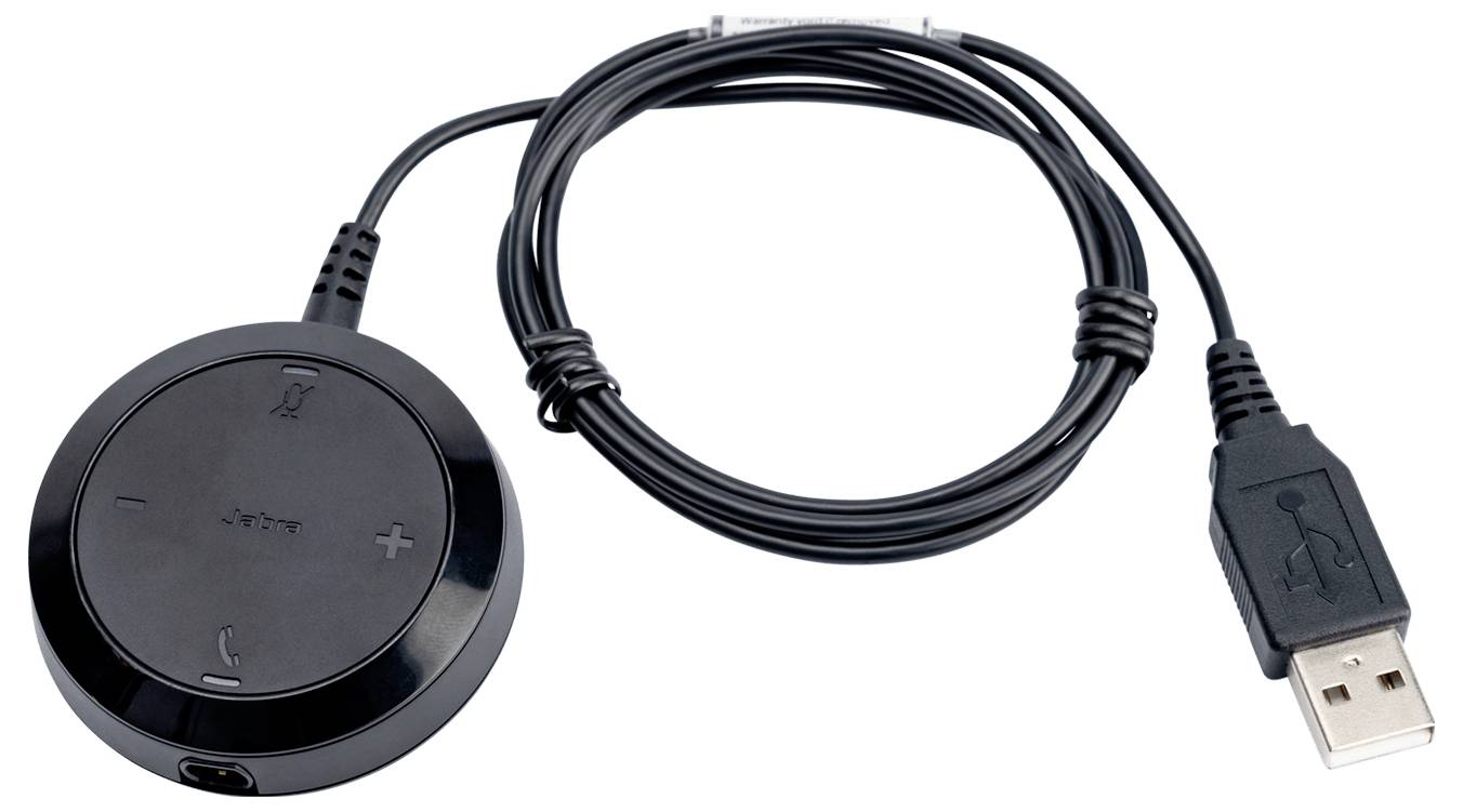Čierny okrúhly audio ovládací prístroj s USB konektorom, vybavený tlačidlami na reguláciu hlasitosti a na prijatie/odmietnutie hovorov, pripojený dlhým káblom.