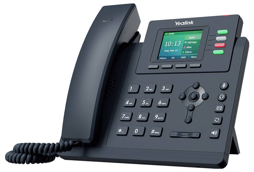 Stolný telefón s digitálnym displejom zobrazujúcim čas „10:13" a dátum, tlačidlami pre čísla a možnosťami pre správy, slúchadlá a stlmenie zvuku.