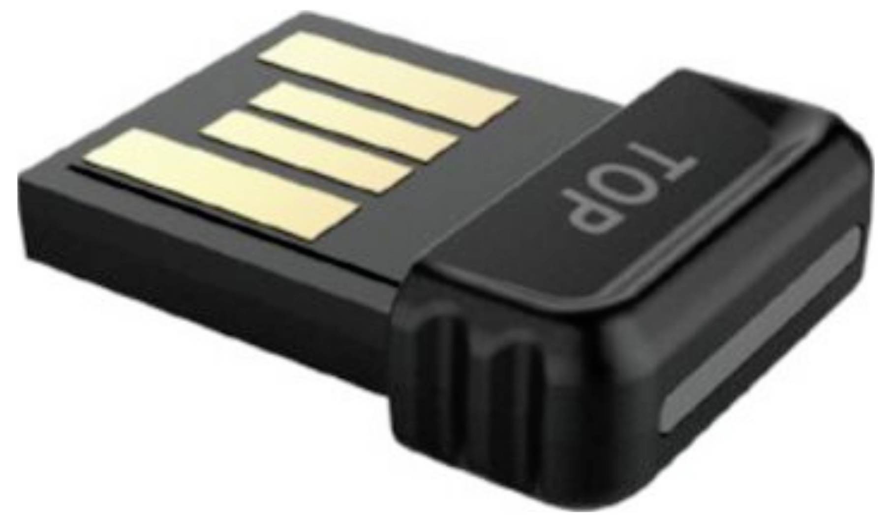 Malé čierne USB zariadenie so zlatými konektormi označenými "TOP".