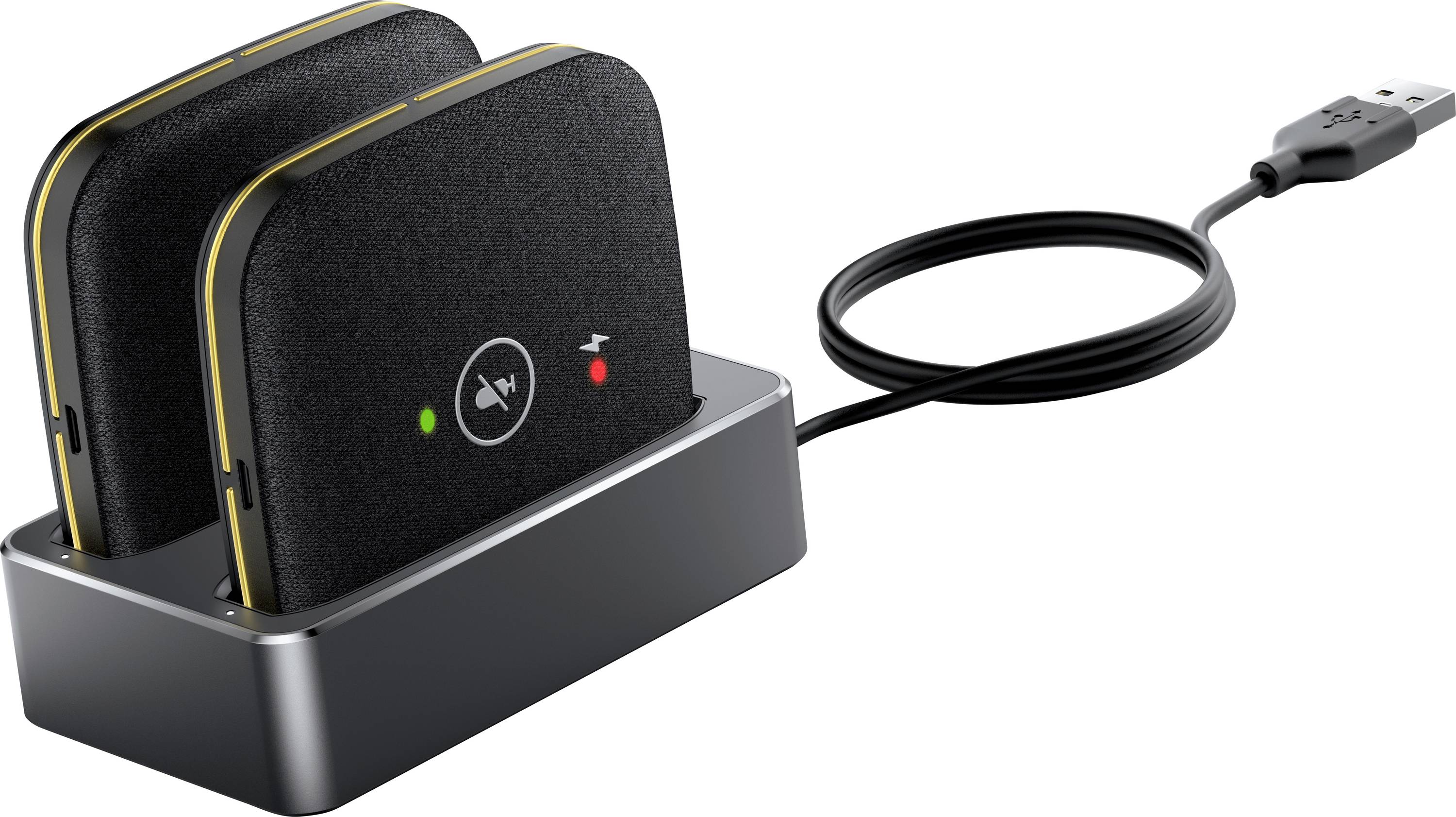 Dvojitá dobívacia stanica na batérie pripojená cez USB, ktorá má miesto pre dve obdĺžnikové čierne batérie s LED indikátormi zobrazujúcimi stav nabíjania.
