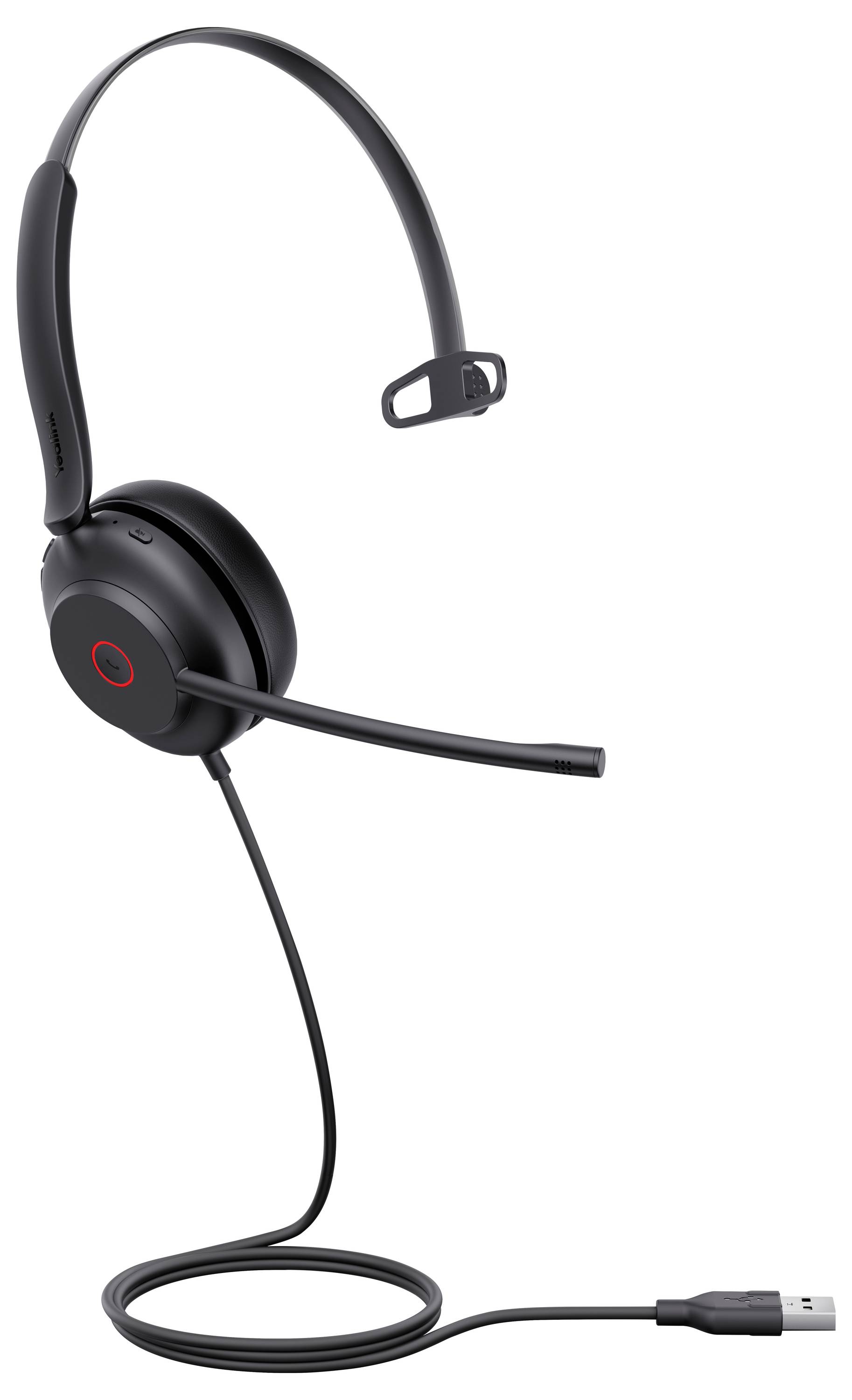Čierny USB headset s pripojeným mikrofónom, určený na komunikáciu, s nastaviteľnou čelenkou a jedným slúchadlom.