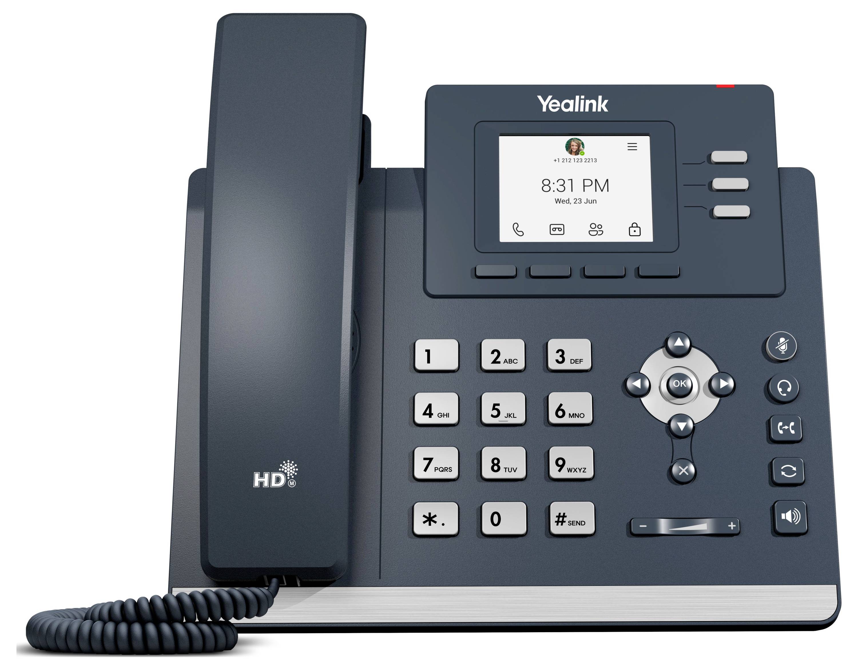 Čierny stolný telefón s digitálnym displejom zobrazujúcim "20:31" vedľa rôznych tlačidiel a numerickej klávesnice.