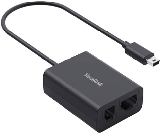 Čierny sieťový adaptér "Yealink" s dvoma portami RJ45 a USB konektorom, používaný na pripojenie zariadení.