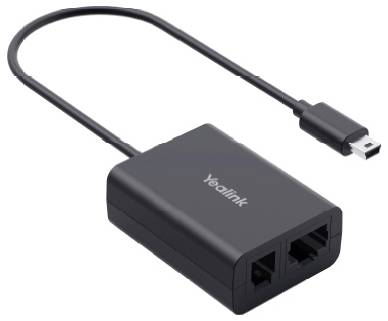 Čierny Yealink adaptér s USB konektorom na jednej strane a dvoma Ethernet portami na druhej strane pre sieťovú konektivitu.