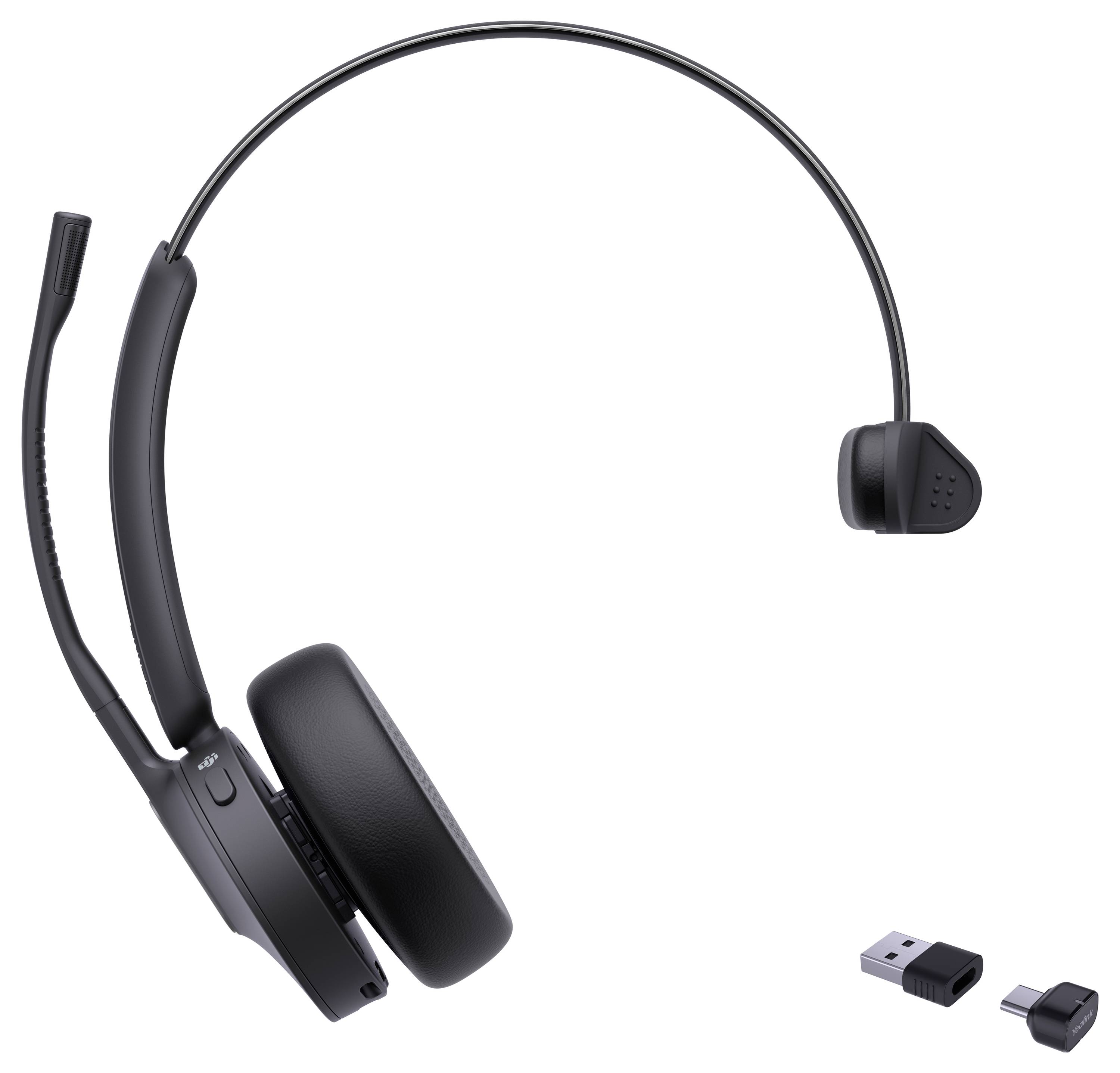 Bezdrôtové čierne slúchadlá cez uši s pripojeným mikrofónom, doplnené USB adaptérom a Bluetooth adaptérom, určené na bezrúkové komunikovanie.