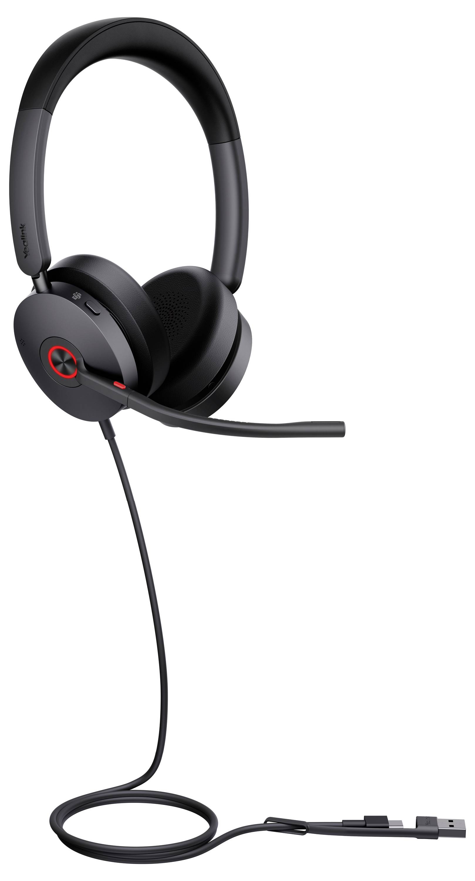 Elegantný čierny headset s mikrofónom na nastaviteľnom ramene, s drôteným pripojením a ovládacími prvkami na kábli, navrhnutý na profesionálne použitie.