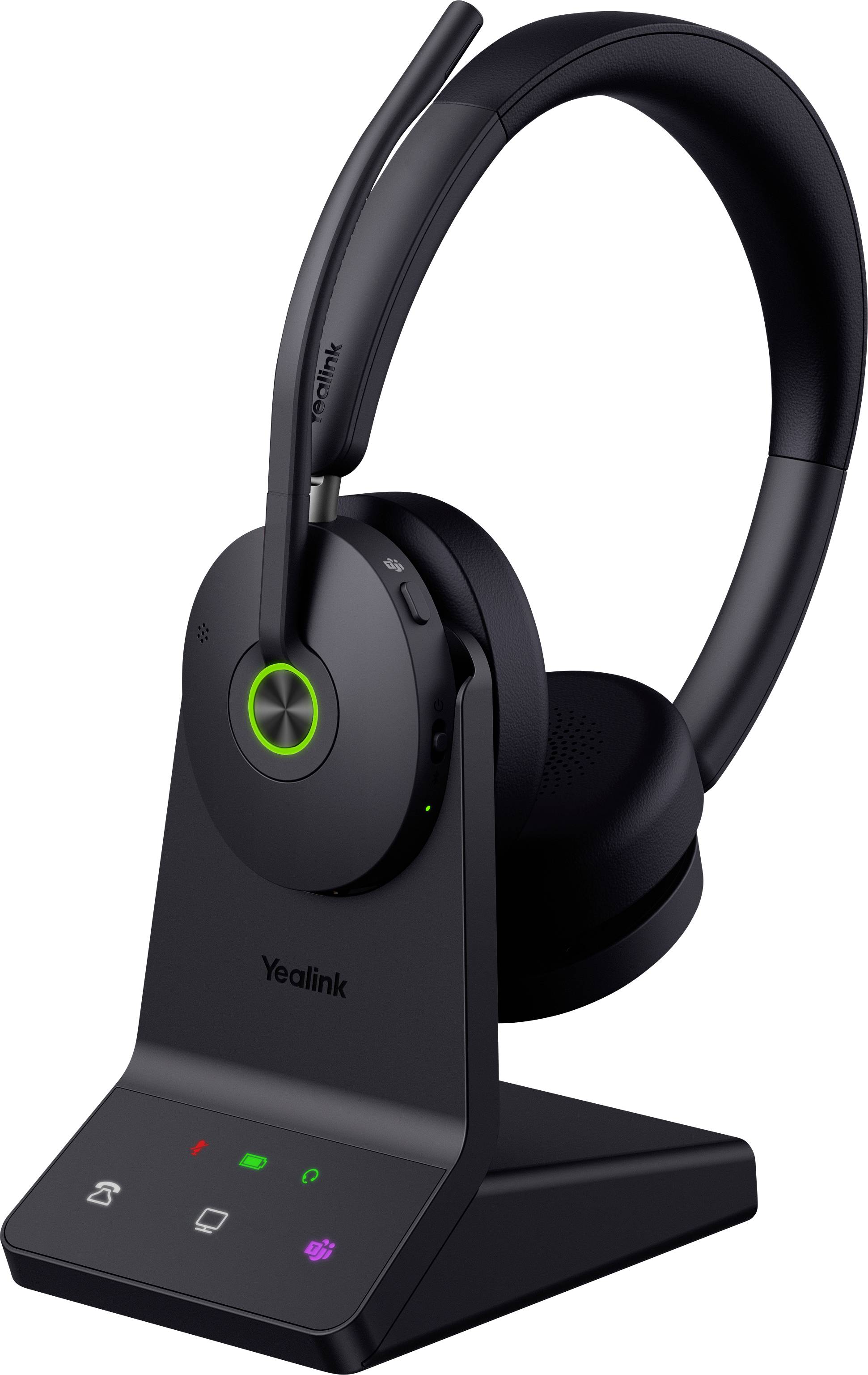Čierny bezdrôtový headset na nabíjacej stanici s elegantným dizajnom, nastaviteľným mikrofónom a LED indikátormi.