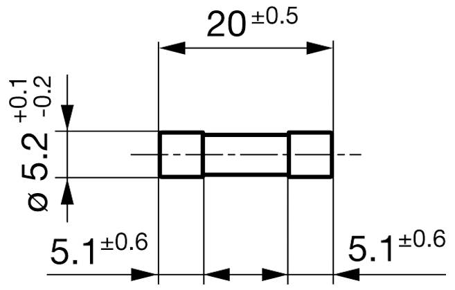 Technický výkres valcovej časti s rozmermi: dĺžka 20mm ±0,5, priemer 5,2mm +0,1/-0,2 a bočné rozmery 5,1mm ±0,6.
