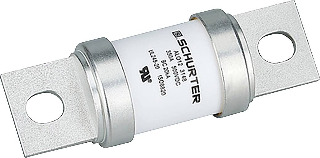 Valcový elektronický komponent označený „SCHURTER". Má kovové koncové čapice s otvormi na montáž. Používa sa na ochranu obvodu.