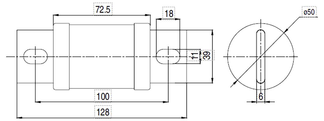 Technický výkres valcového objektu s rozmermi: dĺžka 128 mm, priemer 18 mm, priemer otvoru 6 mm a detaily rozostupov.
