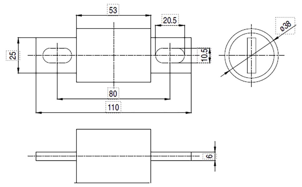 Technický výkres mechanickej časti s rozmermi: telo 110x53 mm, záložky vysoké 25 mm, kruhový prvok s uhlopriečkou priemeru 38 mm.