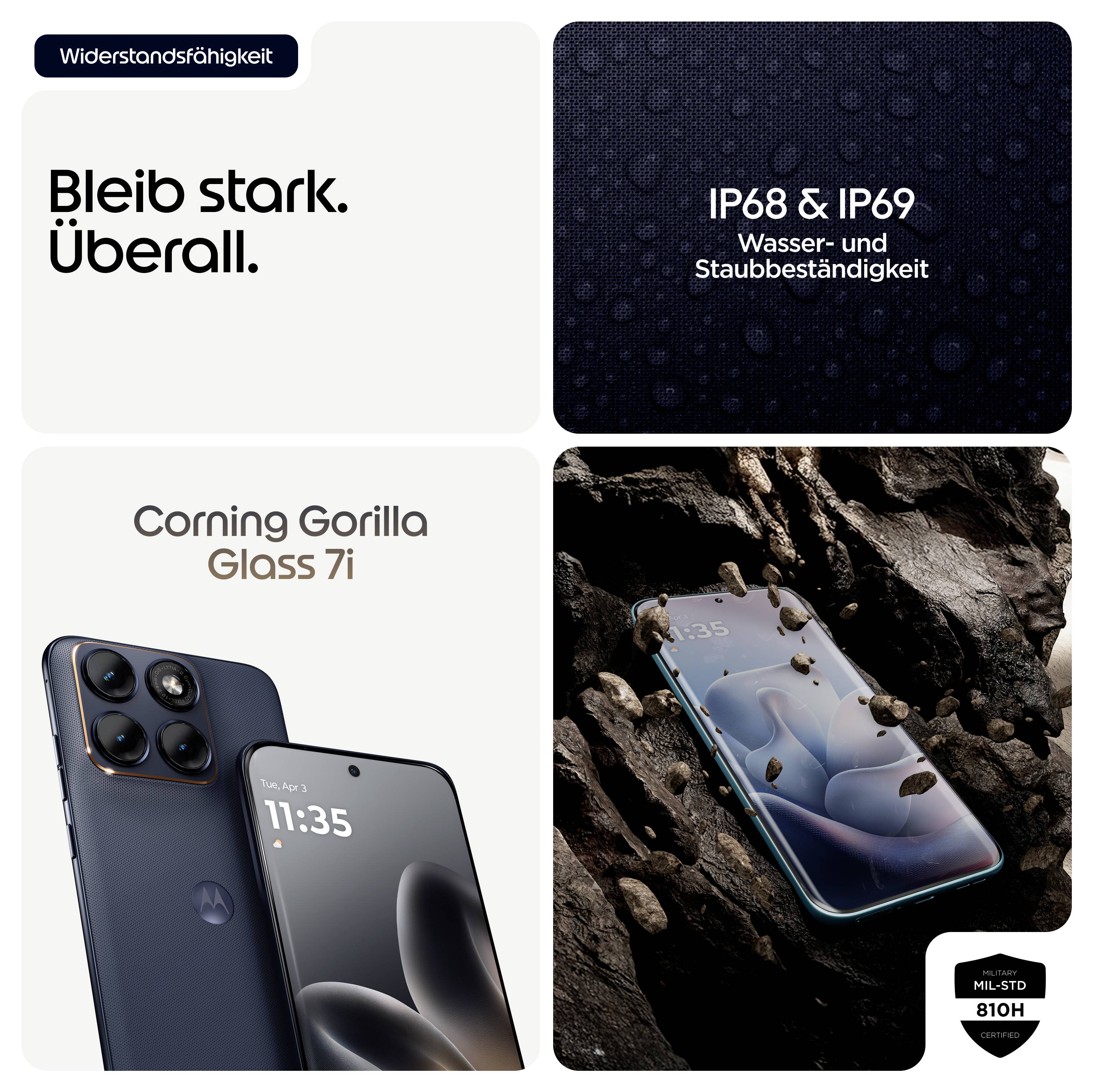 Telefón Motorola so štvoricou fotoaparátov, zadný panel zo skla. Text: "Zostaň silný. Všade. Corning Gorilla Glass 7i". Odolnosť voči vode a prachu: IP68 & IP69.