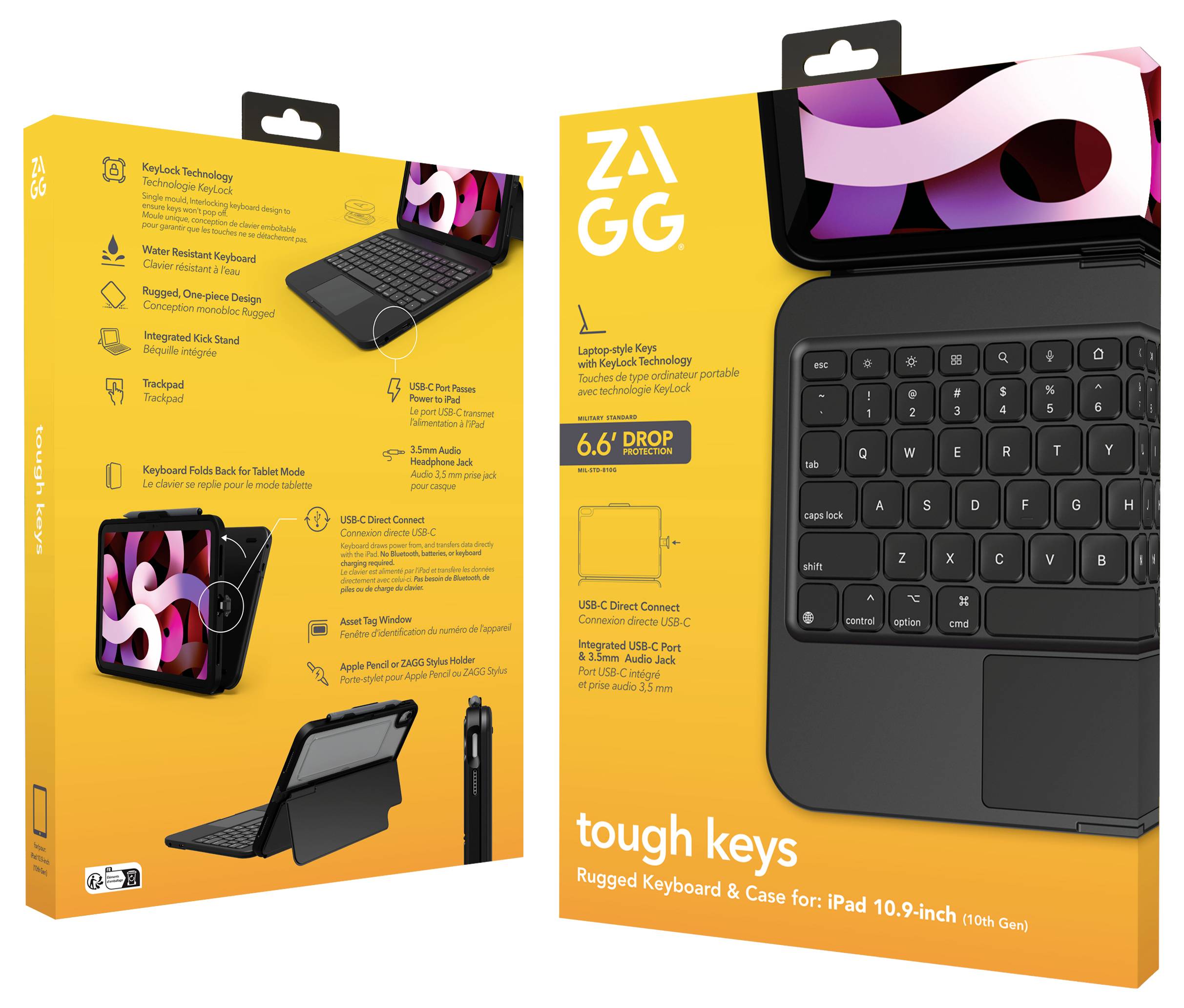 Balenie „ZAGG Tough Keys" pre klávesnicový kryt iPad 10,9 palca. Vlastnosti zahŕňajú robustnú ochranu, jednoduchú konektivitu a dlhú výdrž batérie.