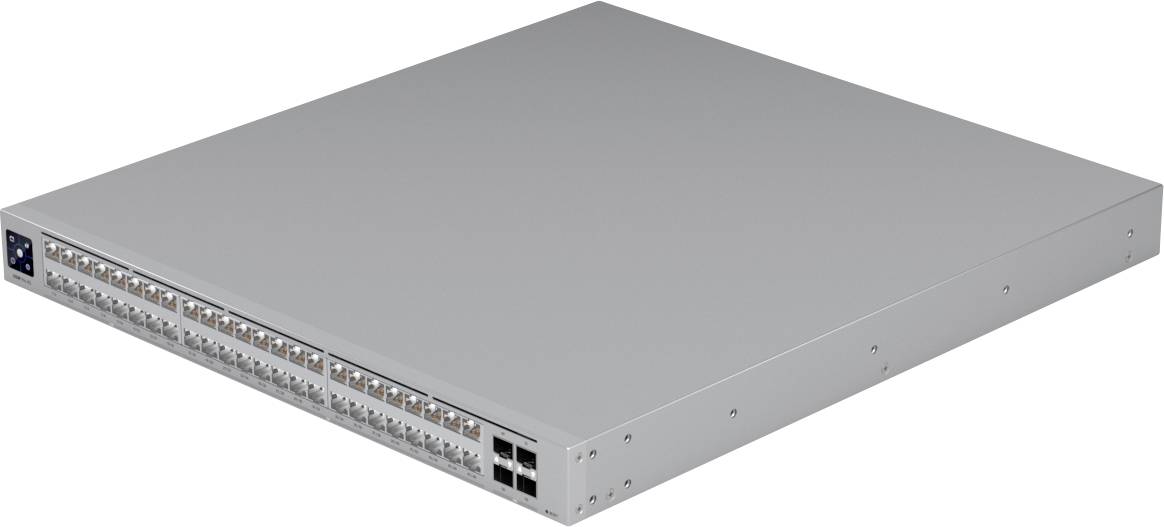 Plochý, obdĺžnikový sieťový prepínač s viacerými Ethernetovými portami na prednej strane, pravdepodobne používaný v dátových centrách na pripájanie zariadení.