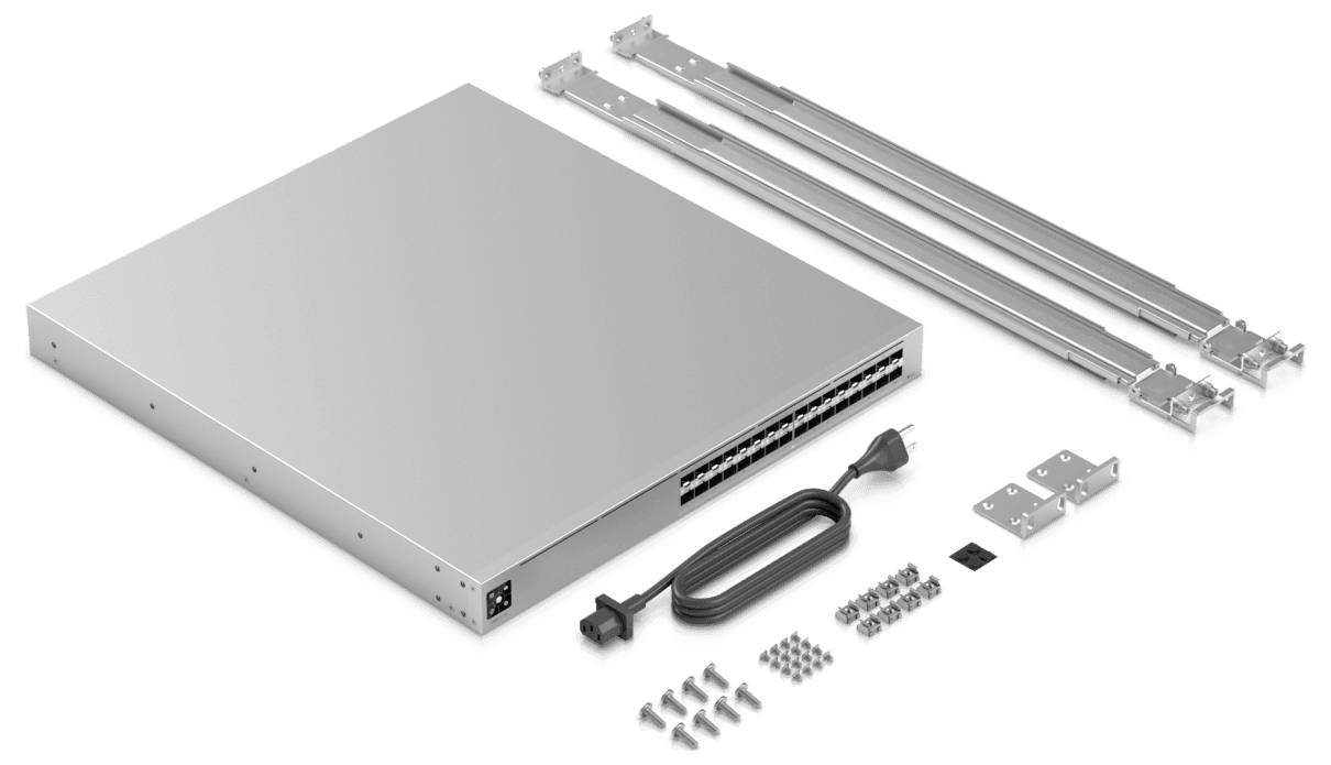 Prepínač údajov s montážnymi konzolami, napájacím kabelom, skrutkami a komponentmi na inštaláciu