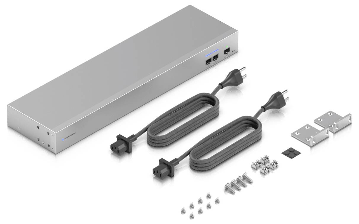 Stojací napájací lišta s dvoma sú, montážnymi konzolami, skrutkami a ďalším hardvérom.