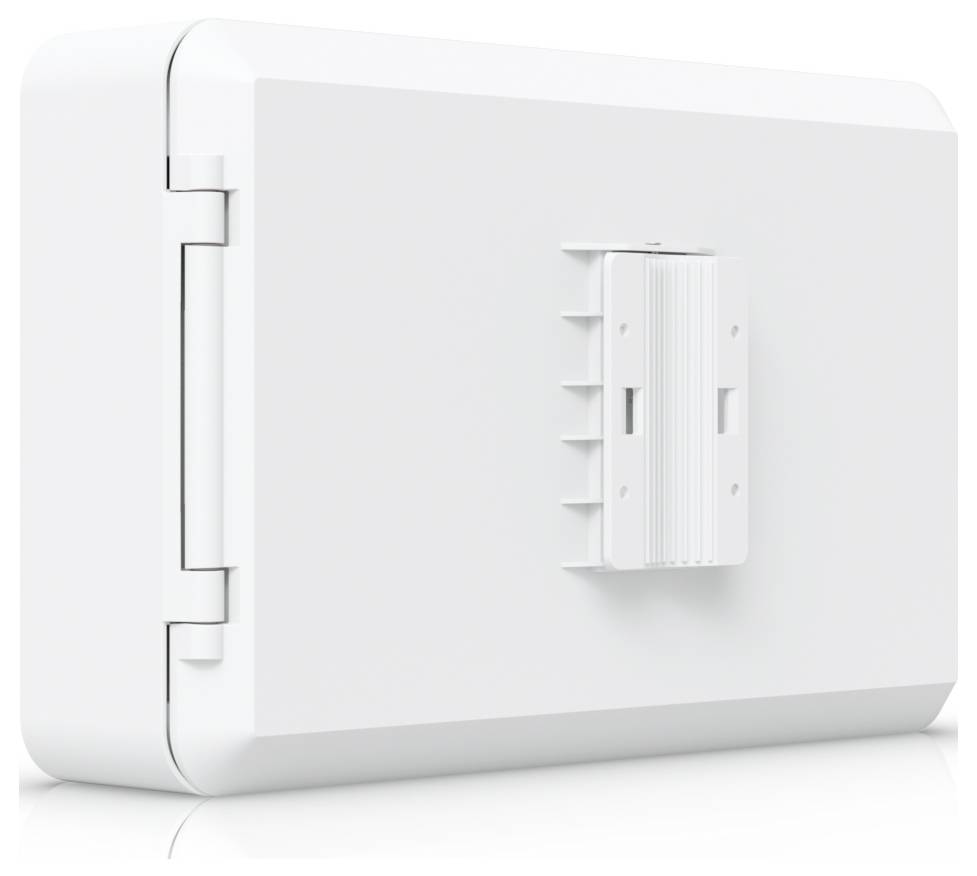 Biely obdĺžnikový elektronický prístroj s návesom a konzolou na montáž na stenu na zadnej strane.