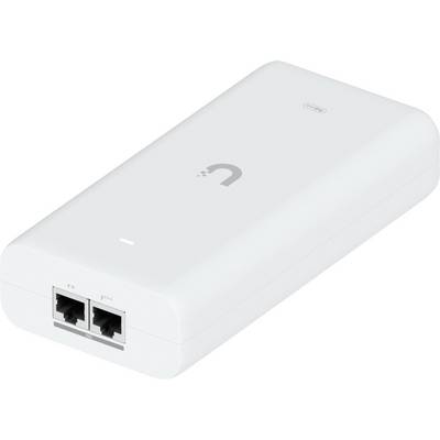 Biely sieťový prístroj s dvoma portami Ethernet označenými „hlavný" a „sekundárny", s malým logom na vrchu.