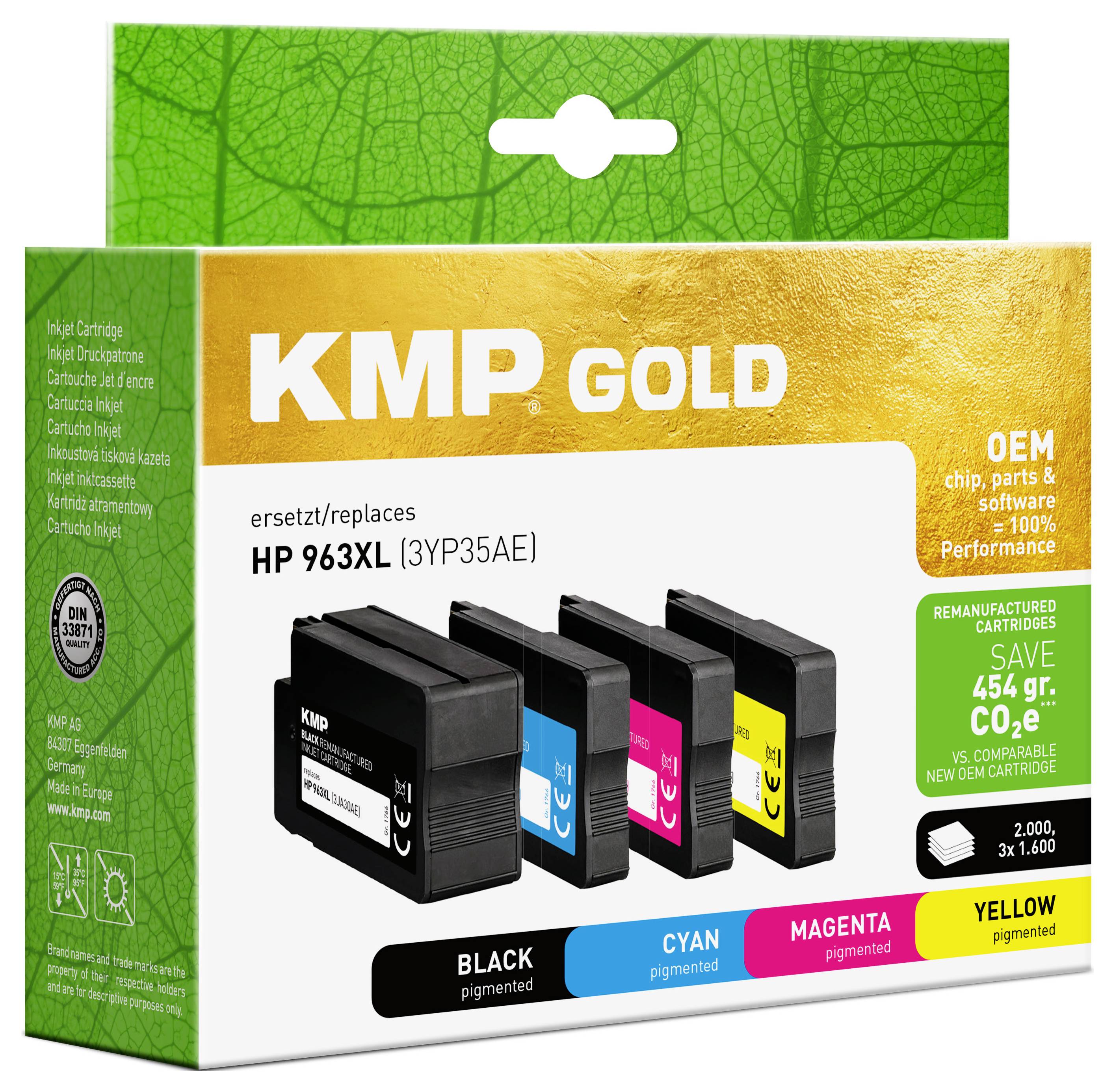 Balenie na patrony tlačiarne KMP Gold, náhrada za HP 963XL, s čiernymi, tyrkysovými, purpurovými a žltými atramentovými kazetami.