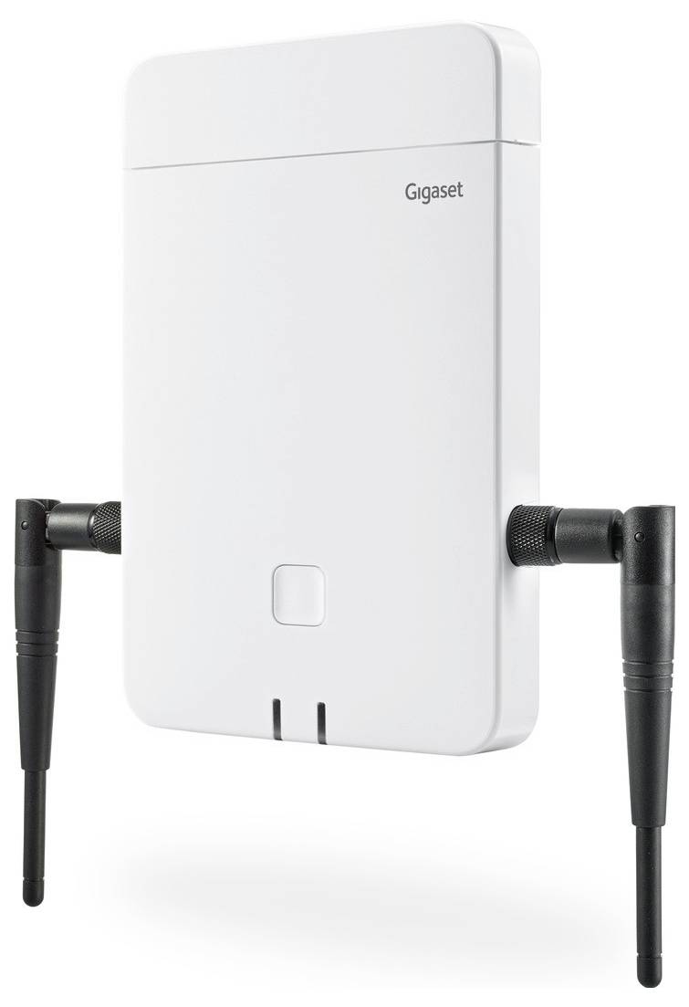 Biely bezdrôtový telefón Gigaset s dvoma vonkajšími anténami na jednoduchom pozadí.
