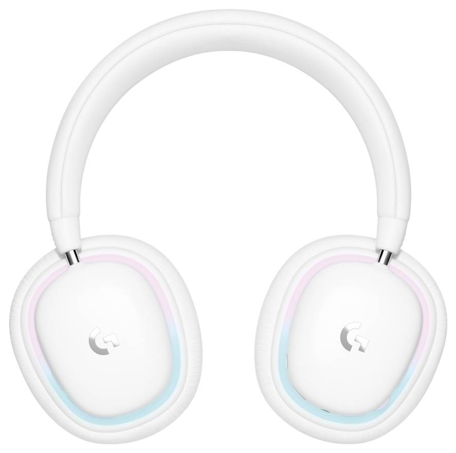 Biele násluchátka s veľkými mušlami s pastelným ružovým a modrým doplnkom a logom Logitech na každej mušli.