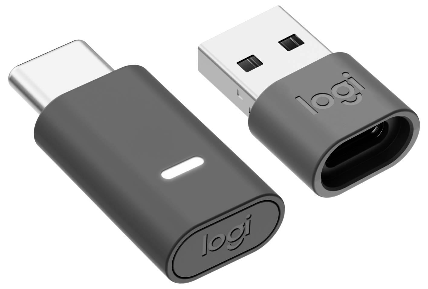 Dva bezdrôtové adaptéry Logitech s USB donglom, konektory USB-A a čiernymi zaoblenými krytmi, zobrazené na bielom pozadí.