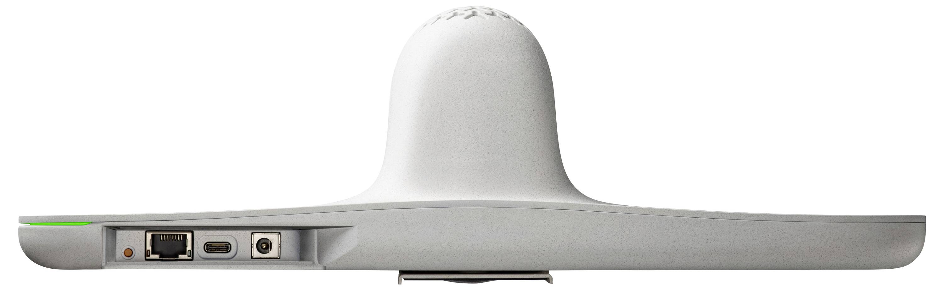 Zadný pohľad na biely plochý monitor s portami na ľavej strane, vrátane portu Ethernet, USB-C a pripojenia napájania.