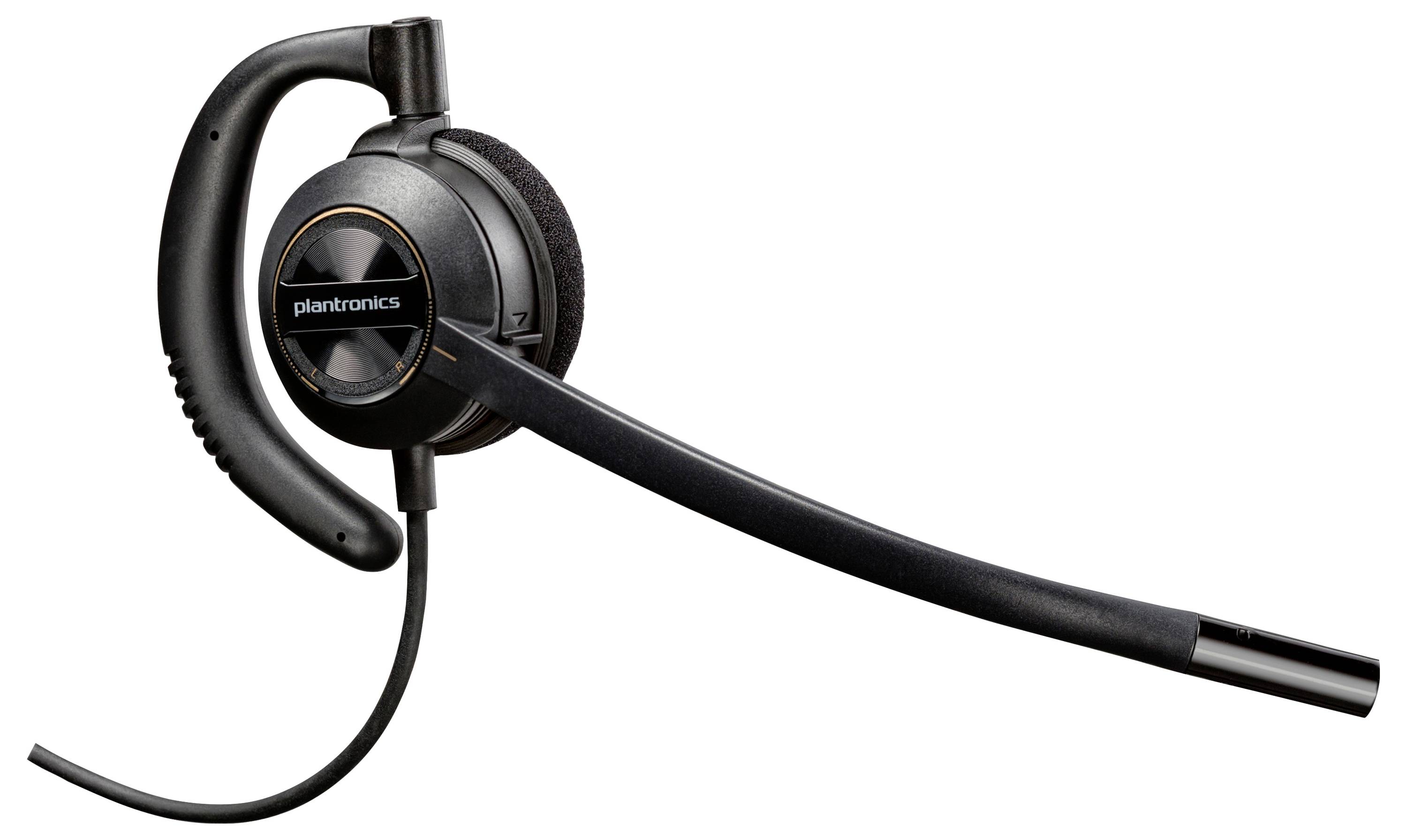 Čierne slúchadlá Plantronics s náušnicami cez hlavu s dlhým výsuvným mikrofónom na bielom pozadí