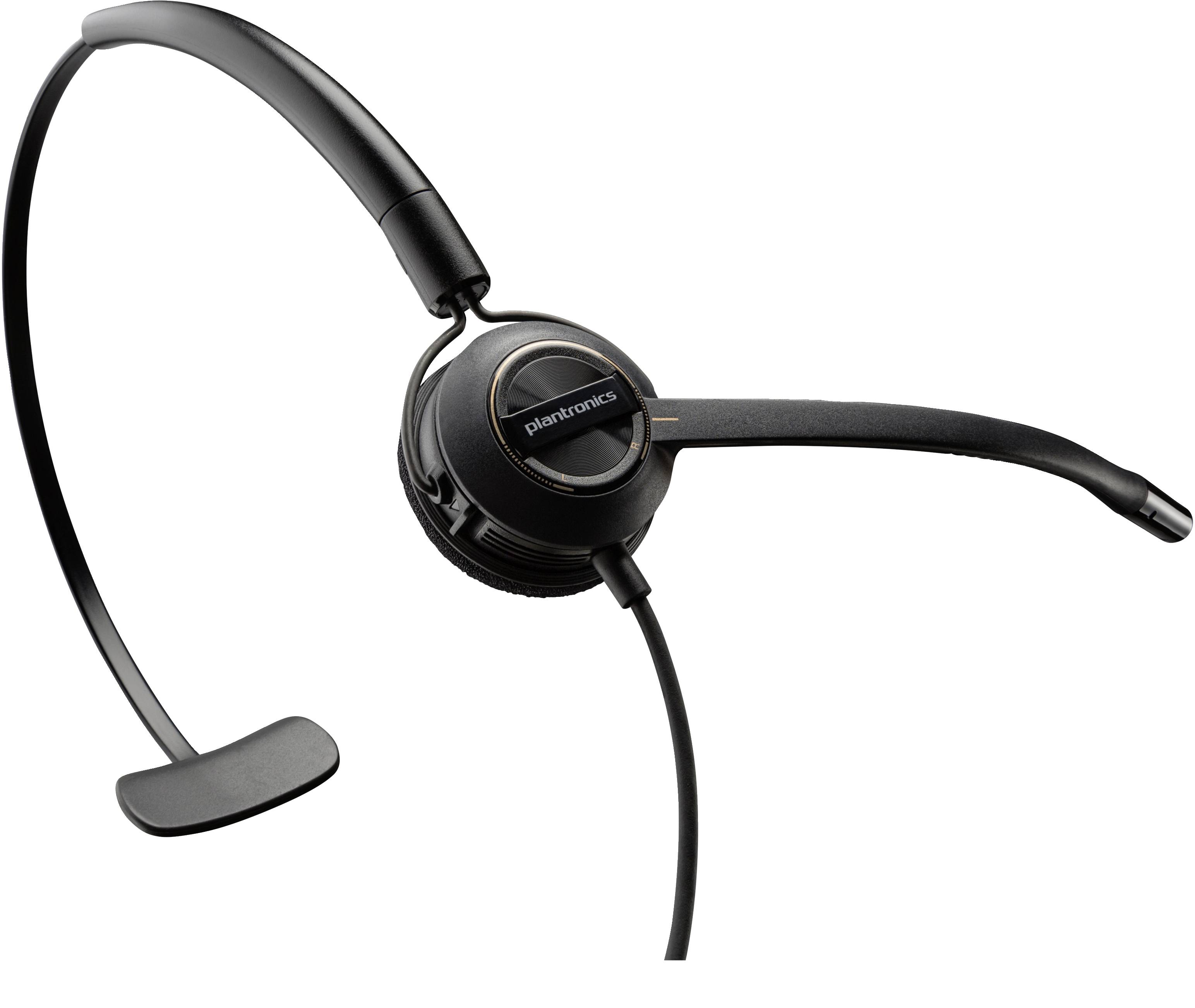 Čierne slúchadlá Plantronics s klobukom na uši, s výsuvným mikrofónom a čelenkou, zobrazené na bielom pozadí.