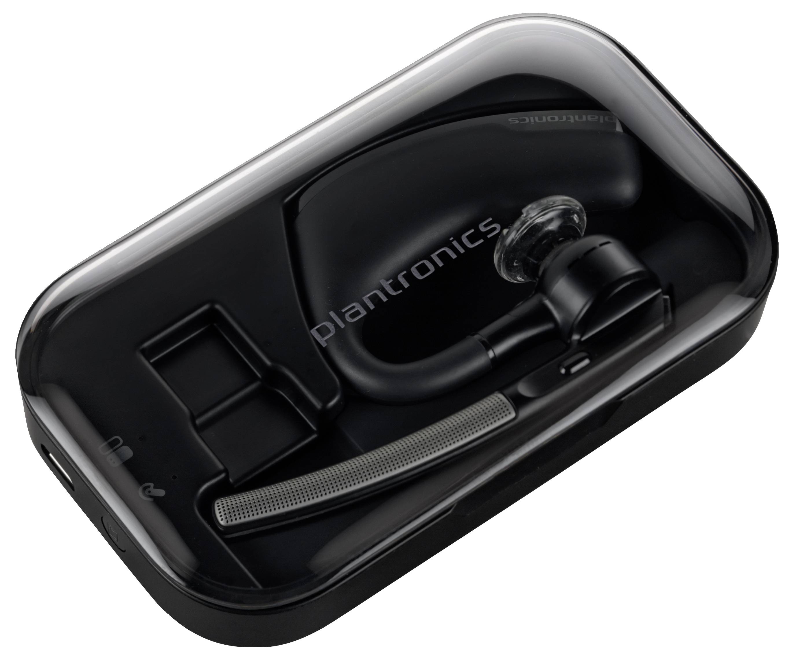 Čierna slúchadlá Plantronics s technológiou Bluetooth a púzdrom na nabíjanie s ušným háčikom a príslušenstvom.