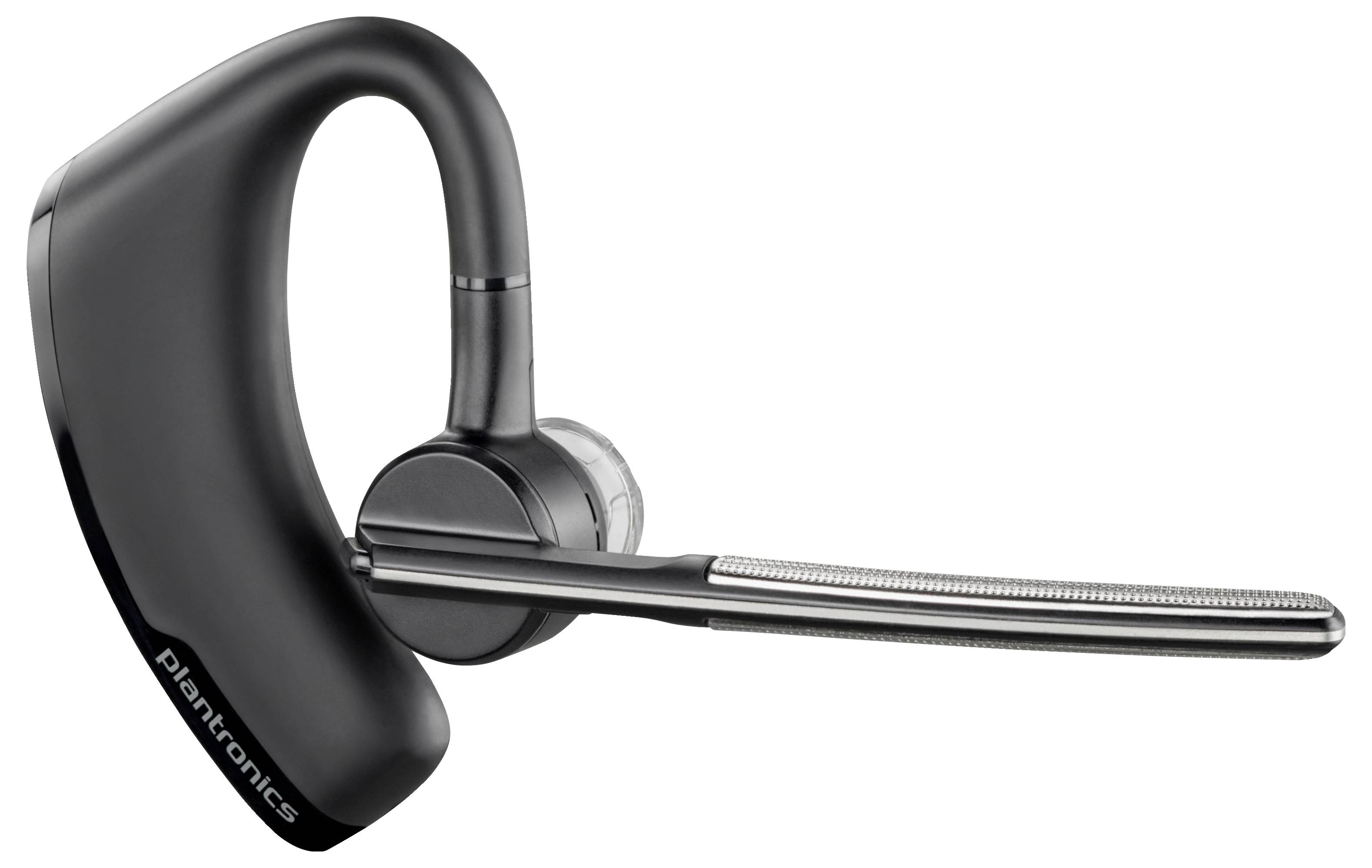 Čierne bezdrôtové slúchadlá Plantronics so slúchadlom cez ucho a priamym mikrorónom na bielom pozadí.