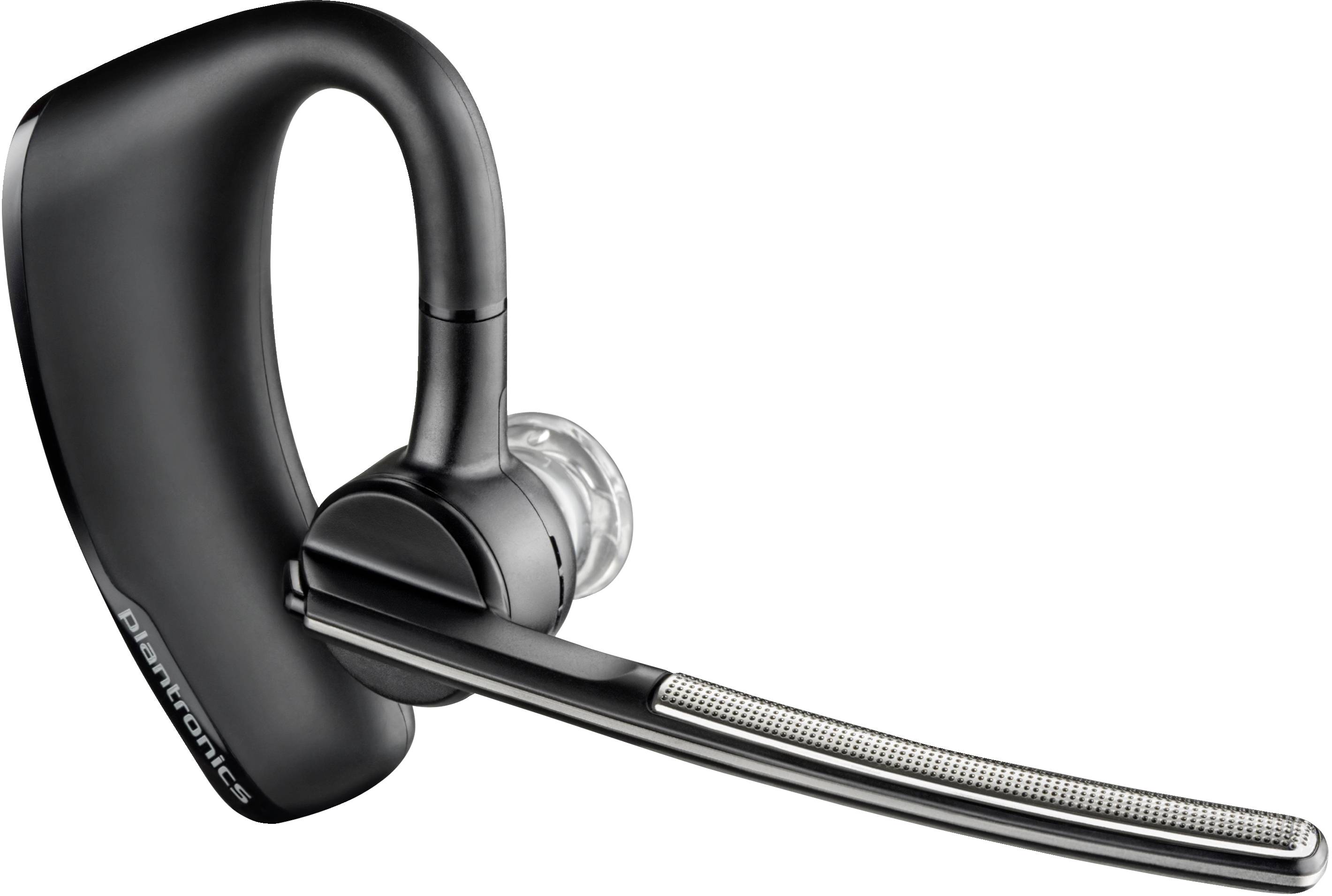 Čierna bezdrôtová slúchadlá Plantronics s Bluetooth pripojením, hákom cez ucho a dlhým výsuvným mikrofónom na bielom pozadí.