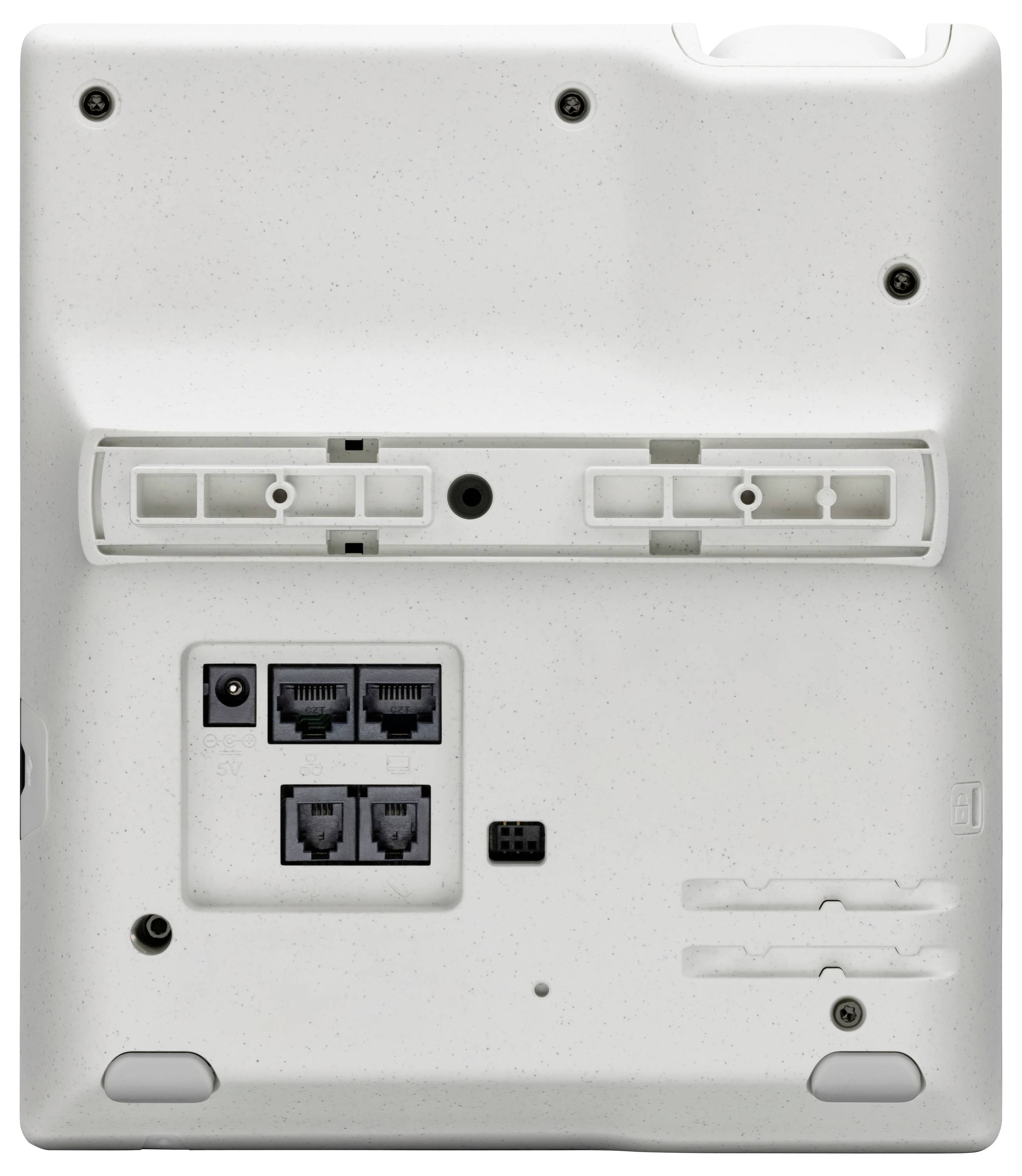 Zadný pohľad na biele elektronické zariadenie s dlhým montážnym otvorom a zatláčaným panelom so štyrmi portami v štýle Ethernet a zdrojom energie.