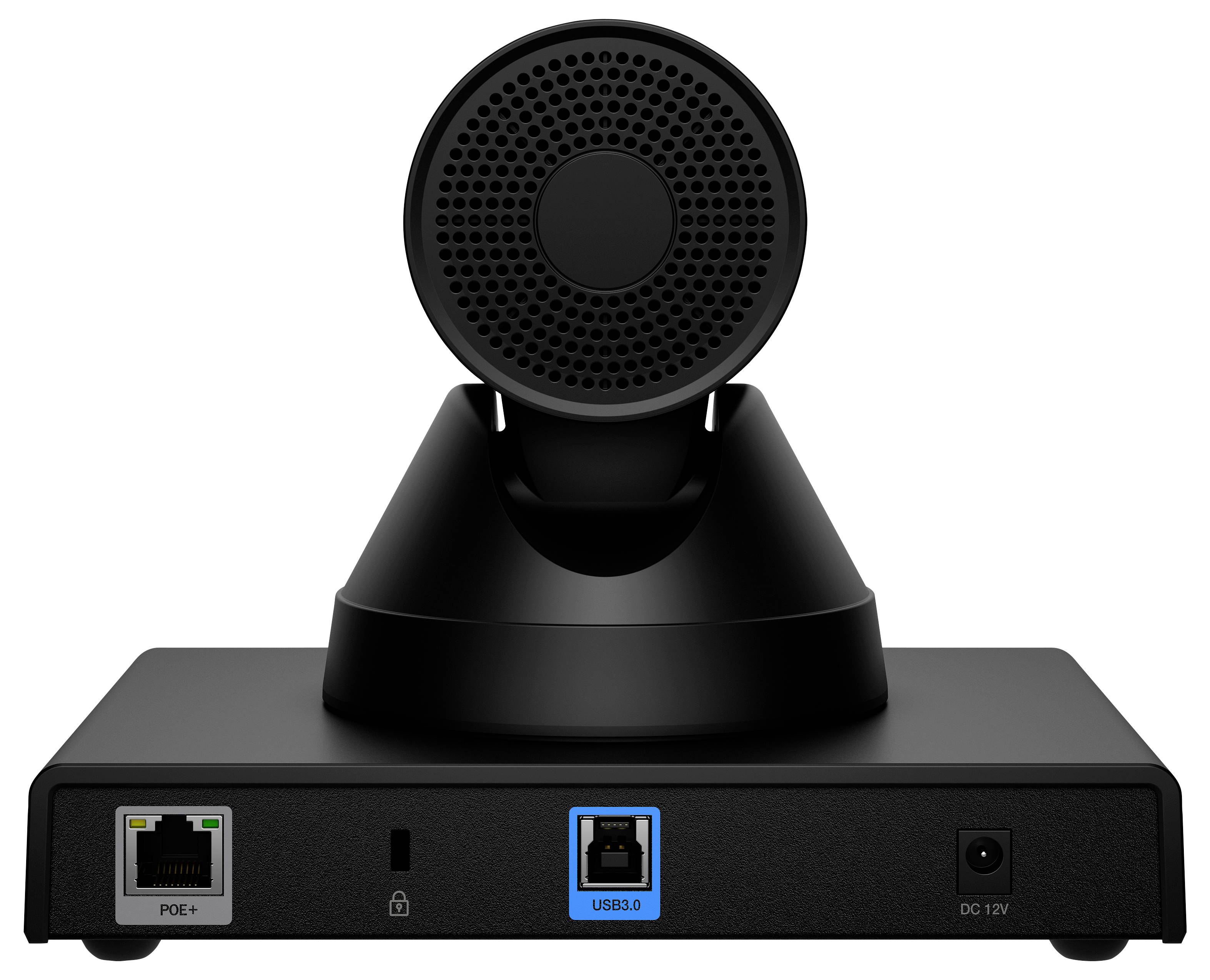 Čierna kamera na videokonferencie s objektívom na vrchu a predným портami označenými PoE+, USB 3.0 a DC 12V.