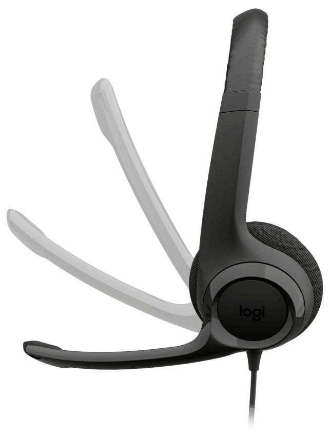 Čierny Logitech headset so slúchadlami na ušiach s bummovým mikrofónom a nastaviteľnou čelenkou, zobrazený s jedným mušľovitým slúchadlom a dvoma predĺženými náušníkovými polštármi na bielom pozadí.
