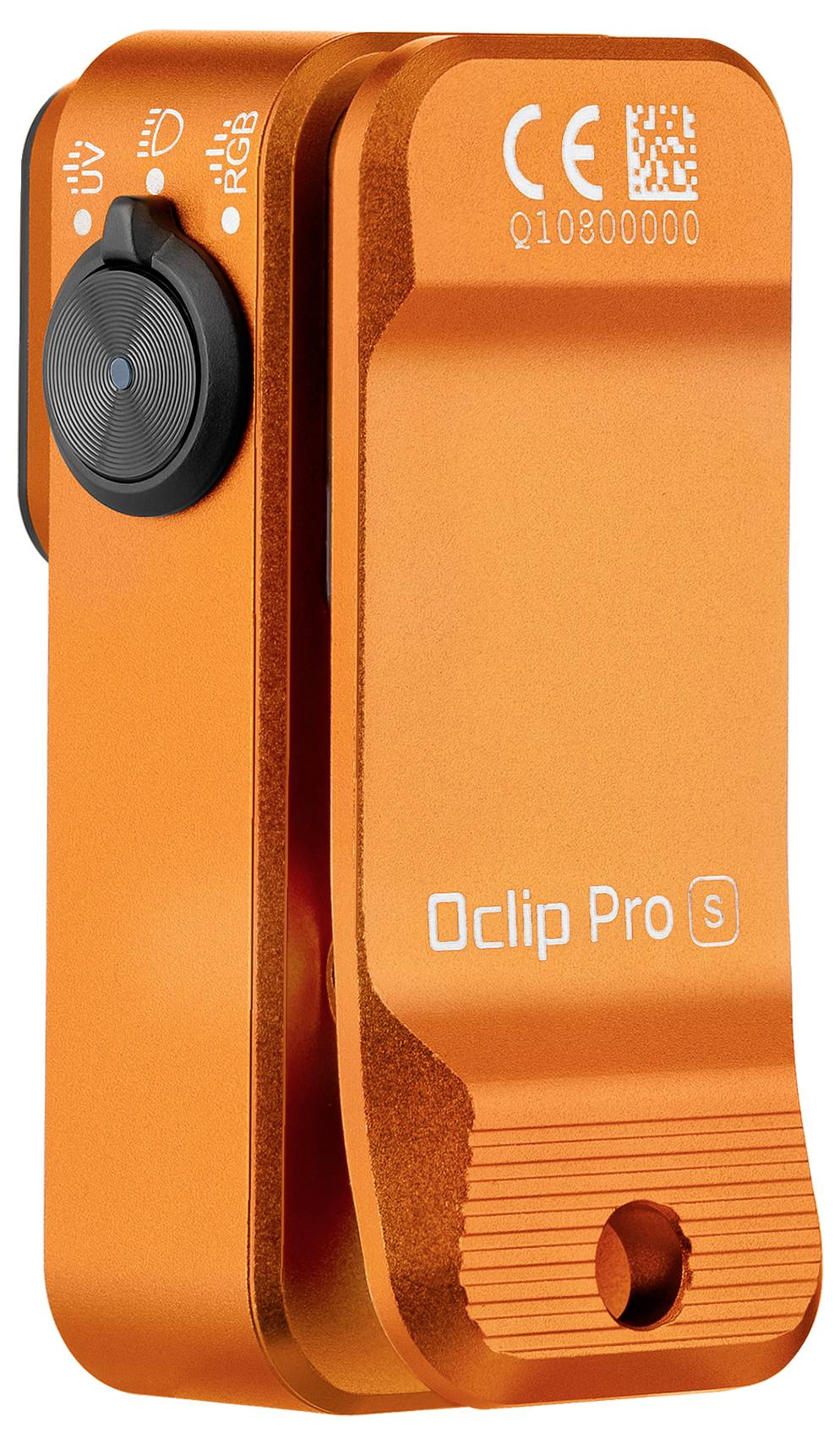 Oranžový klip 'Oclip Pro S' s tlačidlom a označením CE. Navrhnutý na pripevnenie, s textúrovanou rukoväťou a kompaktným dizajnom.