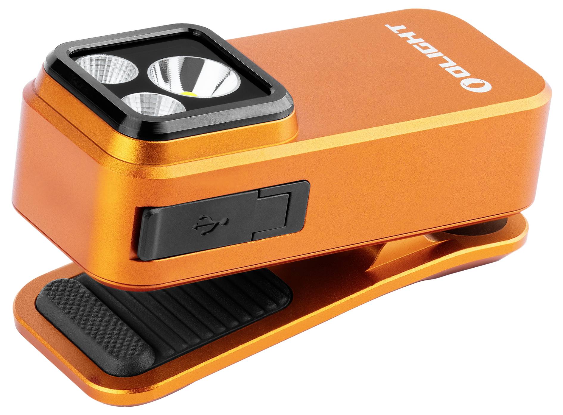 Oranžová zapínacia baterka s troma LED žiarovkami, USB nabíjacím portom a štruktúrovanou gumovou rukovesťou, určená na bezrýchlostné osvetlenie.