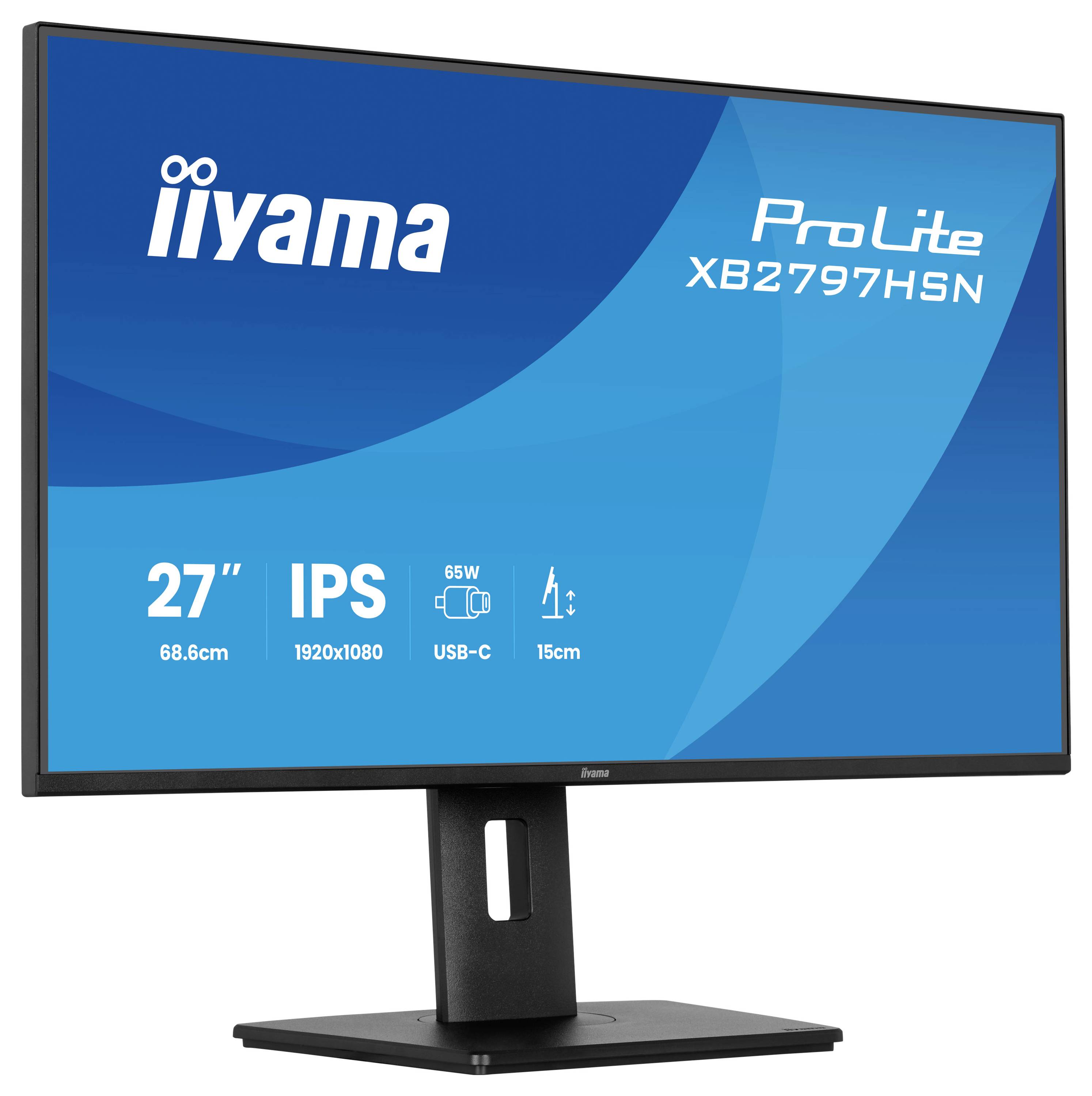 Na obrázku je zobrazený monitor iiyama ProLite XB2797HSN s nasledovnými špecifikáciami: 27-palcový IPS, rozlíšenie 1920x1080, USB-C.
