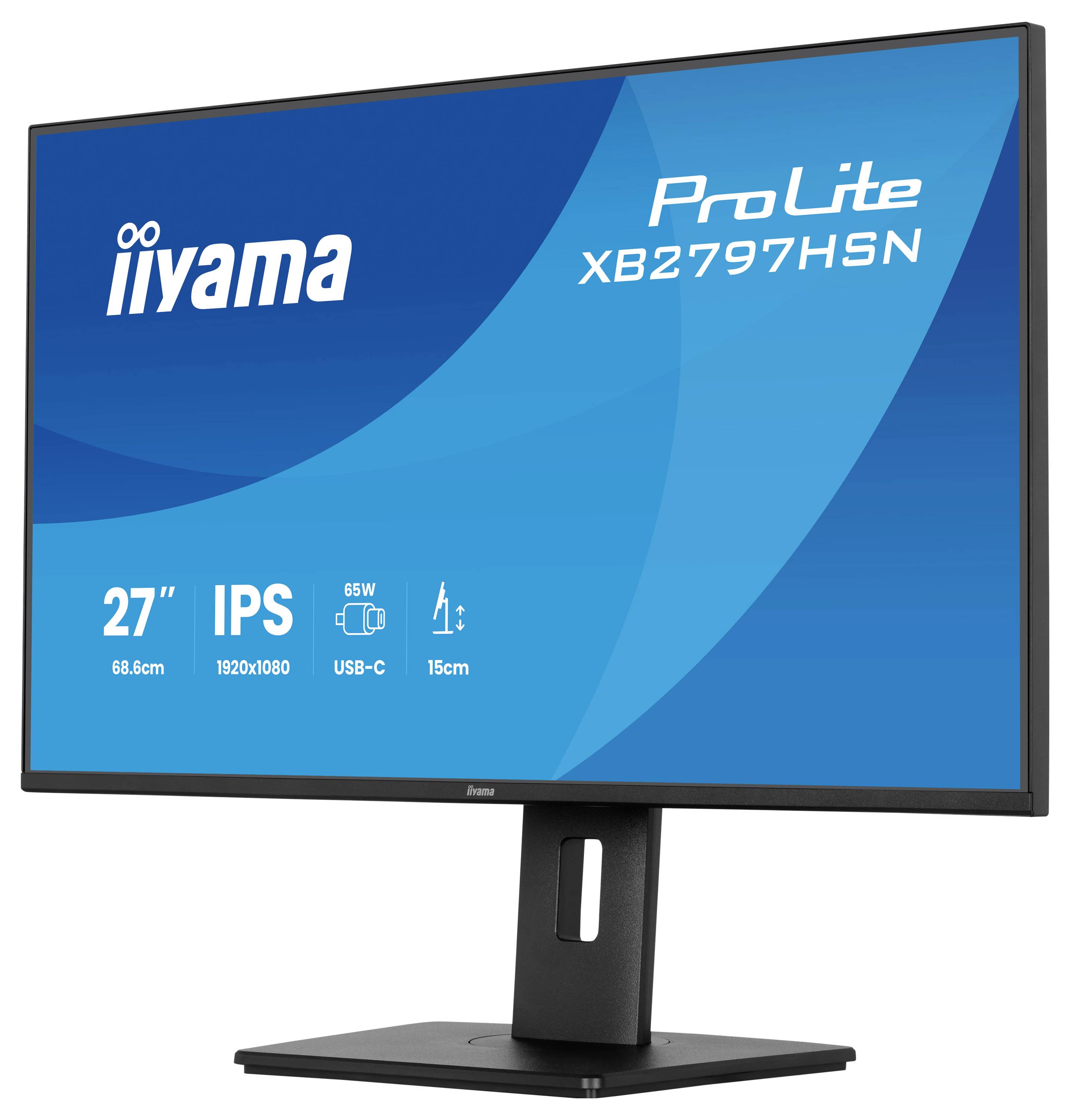 Počítačový monitor zobrazujúci "iiyama ProLite XB2797HSN" s 27" obrazovkou, technológiou IPS, rozlíšením 1920x1080 a portom USB-C.