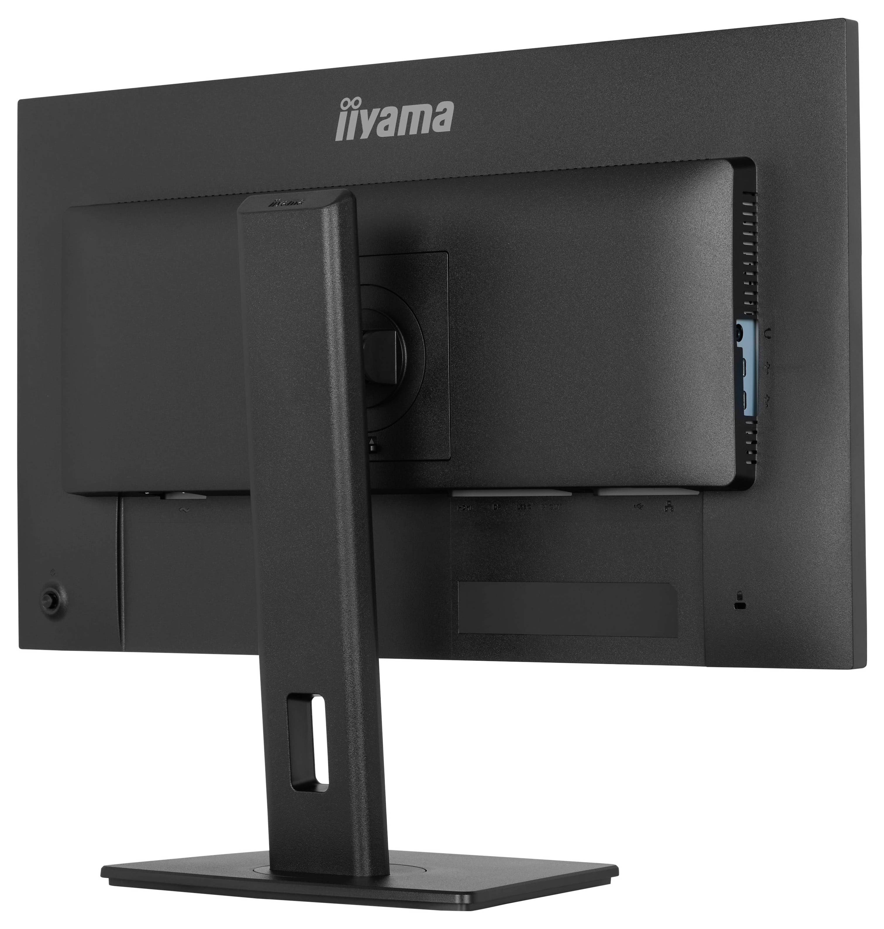 Zadný pohľad na čierny počítačový monitor so stojanom, zobrazujúci nastaviteľný mechanizmus sklonu a viacero portov na pripojenie.