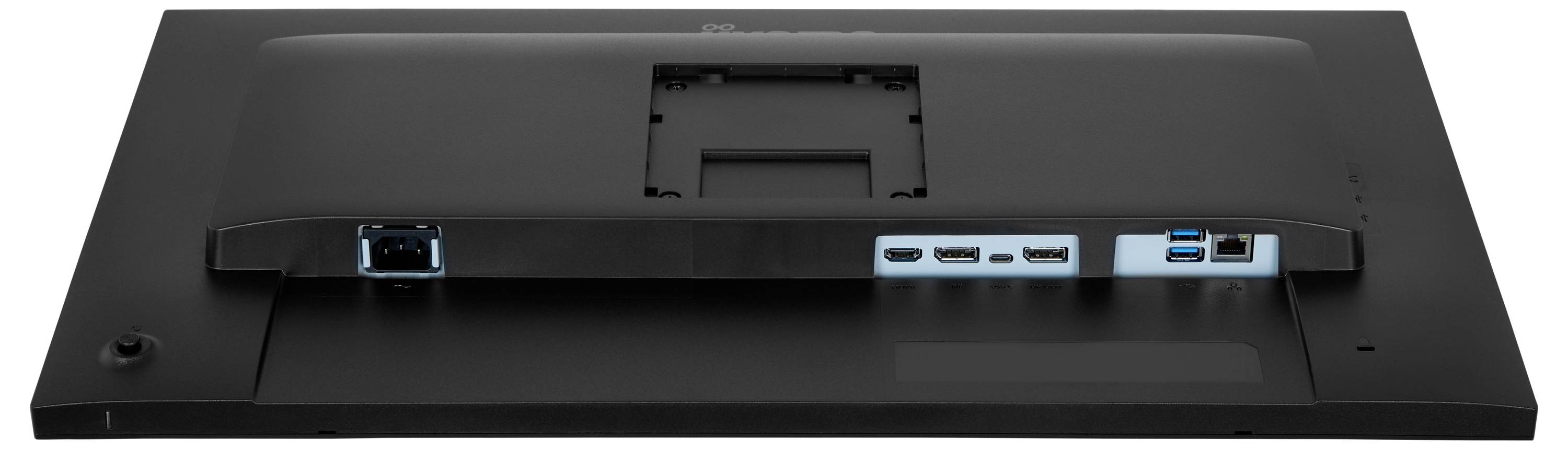 Obrázok ukazuje zadnú stranu čierneho počítačového monitoru s rôznymi vstupnými portmi vrátane USB a HDMI obklopených montážnou oblasťou.