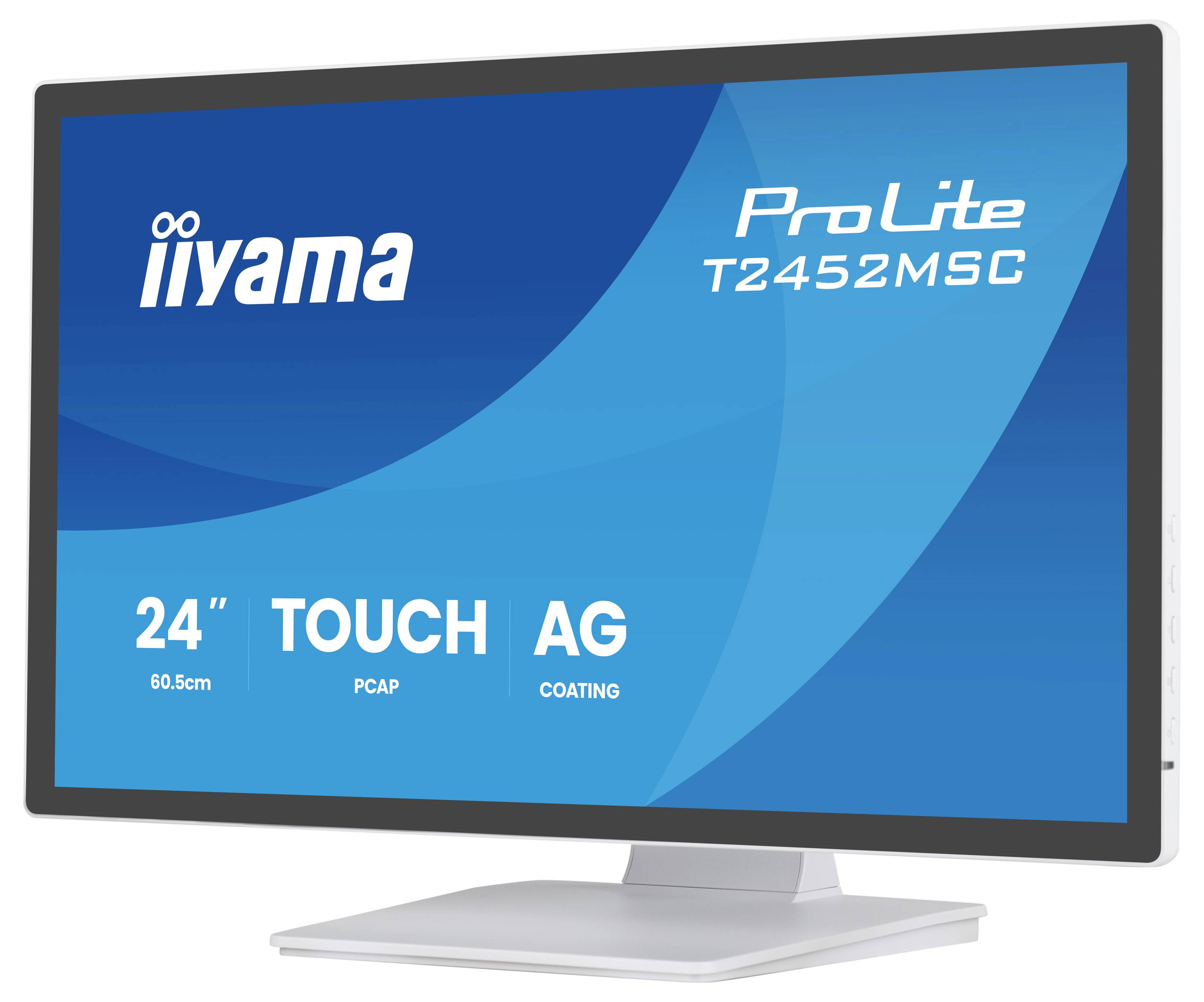 Iiyama ProLite TZ452MSC 24-palcový monitor s dotykovou schopnosťou a antireflexnou vrstvou, zobrazený z predného uhla.