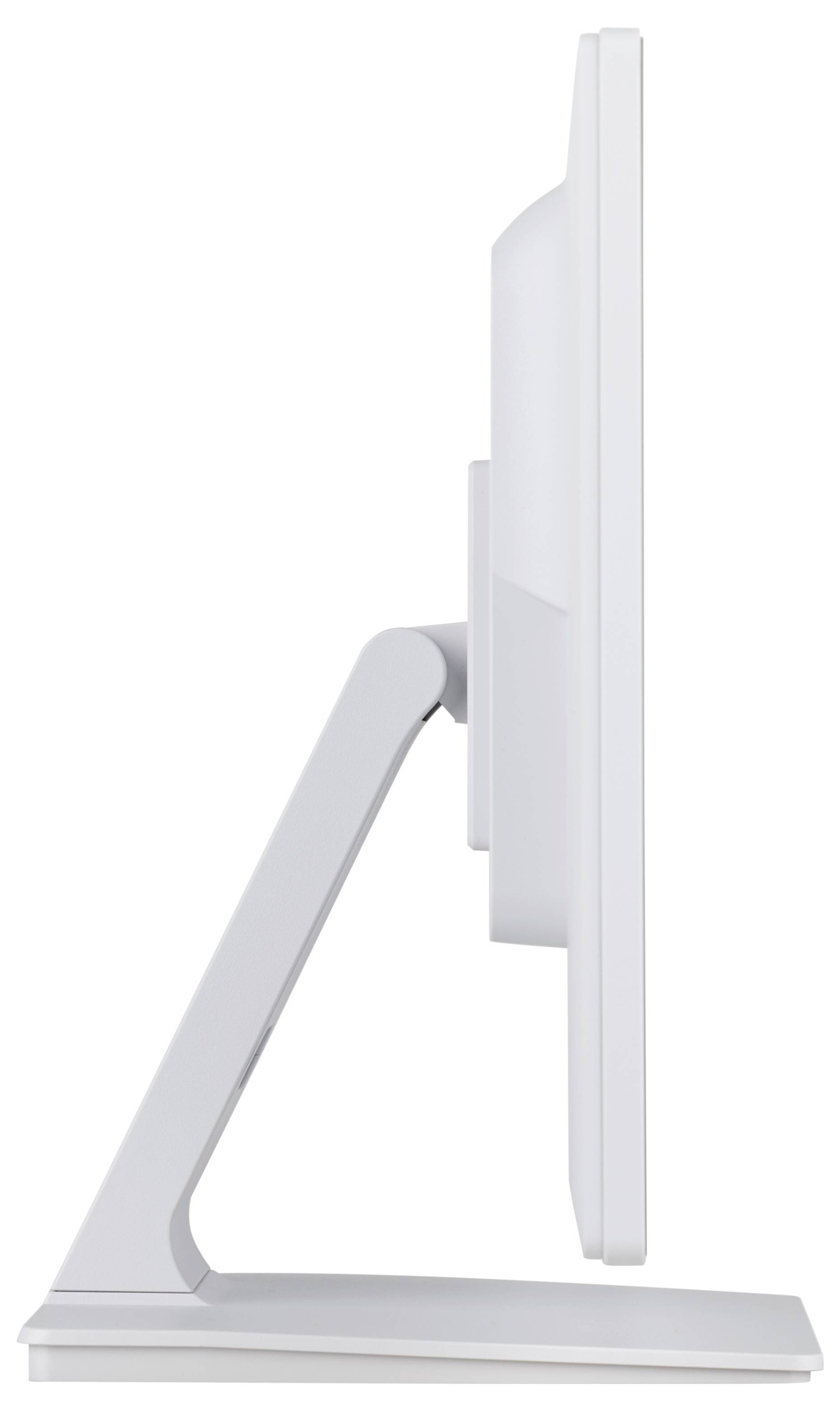 Bočný pohľad na tenký, moderný počítačový monitor so štíhlym, minimalistickým dizajnom, umiestnený na podstavci.